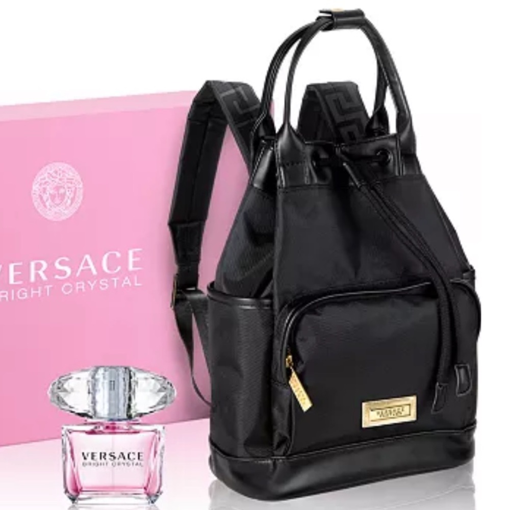 Versace NEW Nylon Backpack Drawstring Bucket Bag Logo Pockets Bright Crystal GWP